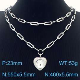Double Layers Stainless Steel Necklace Link Chain With White Zircon Heart  Pendant Silver Color