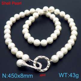 Fashionable French Silver Tone Buckle Shell Pearl Women's Necklace