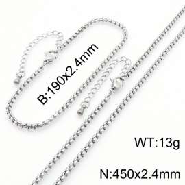 2.4mm Stainless Steel Square Pearl Chain with Tail Chain Bracelet Necklace Set of Two