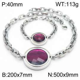 European and American stainless steel round zircon pendant women's bracelet necklace two-piece set