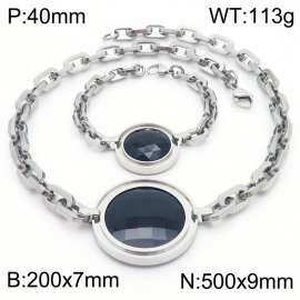 European and American stainless steel round zircon pendant women's bracelet necklace two-piece set