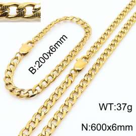 600mm Stainless Steel Set Necklace Blacelet Cuban Link Chain Gold Color