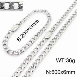 600mm Stainless Steel Set Necklace Blacelet Cuban Link Chain Silver Color