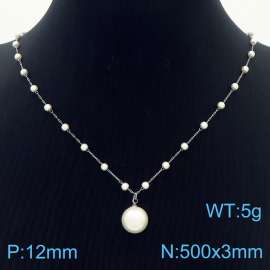 Stainless Steel Beads Necklace Link Chain With White Round Bead Pendant Silver Color