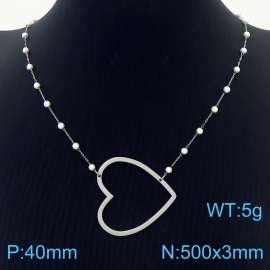 Stainless Steel Beads Necklace Link Chain With Heart Pendant Silver Color