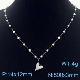 Stainless Steel Beads Necklace Link Chain With Heart Pendant Silver Color