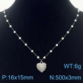 Stainless Steel Beads Necklace Link Chain With Heart Pendant Silver Color