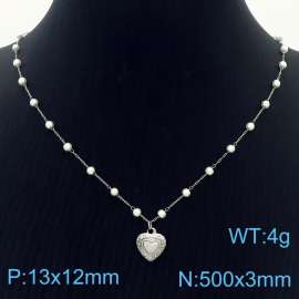 Stainless Steel Beads Necklace Link Chain With Heart Pendant Silver Color