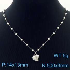 Stainless Steel Beads Necklace Link Chain With Irregular Heart Pendant Silver Color