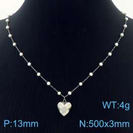 Stainless Steel Beads Necklace Link Chain With Irregular Heart Pendant Silver Color