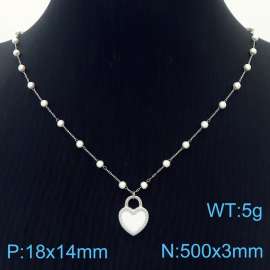 Stainless Steel Beads Necklace Link Chain With White Heart Pendant Silver Color