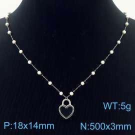 Stainless Steel Beads Necklace Link Chain With Black Heart Pendant Silver Color