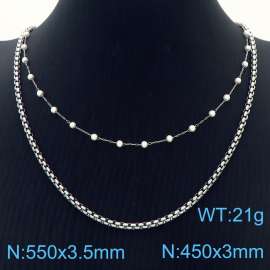 3.5mm Double Layers Stainless Steel Beads Necklace Link Chain Silver Color