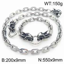 Silver Color 200x9mm Bracelet 550X9mm Necklace Dragon Head Clasp Link Chain Jewelry Set For Women Men