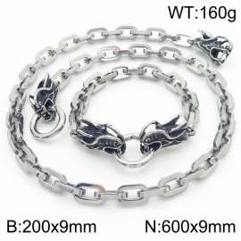 Silver Color 200x9mm Bracelet 600X9mm Necklace Dragon Head Clasp Link Chain Jewelry Set For Women Men