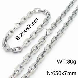 Silver Color 200x7mm Bracelet 650X7mm Necklace Lobster Clasp Link Chain Jewelry Sets For Women Men
