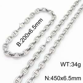 Silver Color 200x6.5mm Bracelet 450X4.5mm Necklace Lobster Clasp Pig Nose Link Chain Jewelry Sets For Women Men