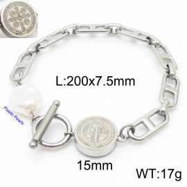Japanese character chain religious round pendant OT buckle pearl steel color stainless steel bracelet
