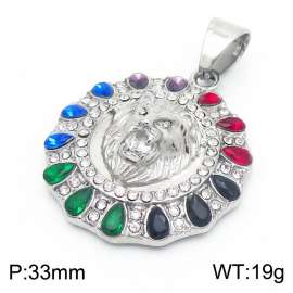 Vintage Fashion Colorful Rectangle Cubic Zircon Pendant Stainless Steel Round Lion Pendant