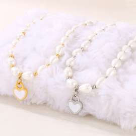 Droplet Shell Pearl Heart Pendant Necklace