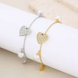 Light weight Silver Stainless Steel Heart Charm Bracelet With Shell Beads & Cubic Zirconia Adjustable Size