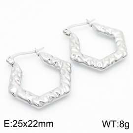 European and American fashionable stainless steel wrinkled embossed geometric polygon temperament silver earrings