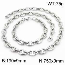 Silver Color 190x9mm Bracelet 750X9mm Necklace Lobster Clasp Pig Nose Link Chain Jewelry Set For Women Men