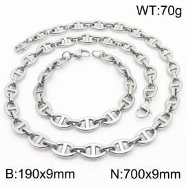 Silver Color 190x9mm Bracelet 700X9mm Necklace Lobster Clasp Pig Nose Link Chain Jewelry Set For Women Men
