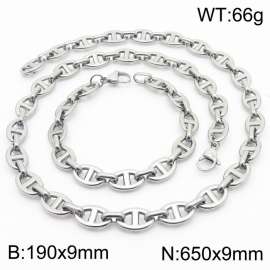 Silver Color 190x9mm Bracelet 650X9mm Necklace Lobster Clasp Pig Nose Link Chain Jewelry Set For Women Men