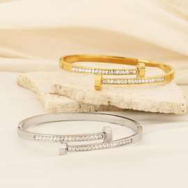 European and American fashion stainless steel geometric diamond inlay adjustable size charm silver  bangle