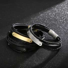Steel colored stacked multi-layer leather wrapped woven magnetic buckle bending sign bracelet