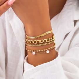 Stainless steel retro imitation pearl bracelet set