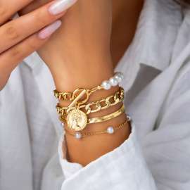 Stainless steel retro imitation pearl bracelet set