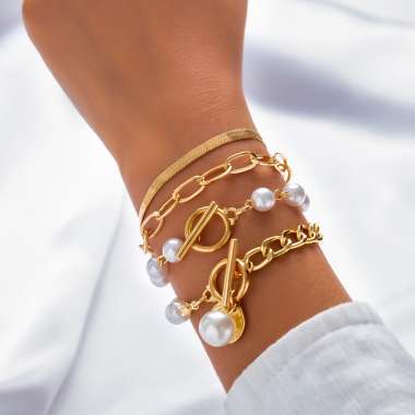 Stainless steel retro imitation pearl bracelet set