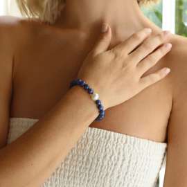 Stainless steel OT buckle bead bracelet Natural blue patterned beads, shell pearls, steel colored
