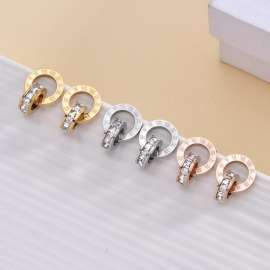 Roman numeral double ring light luxury niche stainless steel Stone&Crystal Earring