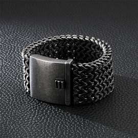 Bold square fish scale bracelet with front and back chains, buckles, oxidized men's bracelet