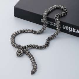 Vintage blackened stainless steel snake necklace for men