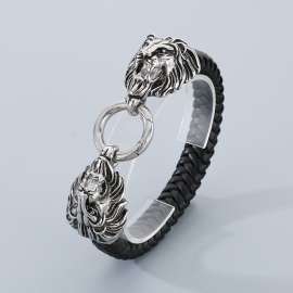 Oxidized Cast Lion Head Stretch Buckle Leather Men's Bracelet