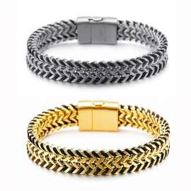 Men's Braided Leather Stainless Steel Double Row Woven Chain Magnet Buckle Bracelet