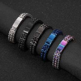 Stainless Steel Simple and personalized woven double row front and back keel flat buckle Gold-plating Bracelet
