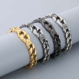 Stainless Steel Retro carved totem double circle linked men's Gold-plating Bracelet