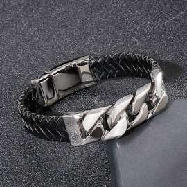 Personalized trendy men's stainless steel polished Cuban chain woven leather bracelet