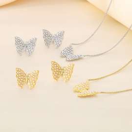 French retro titanium steel niche design butterfly pearl earrings necklace two-piece set