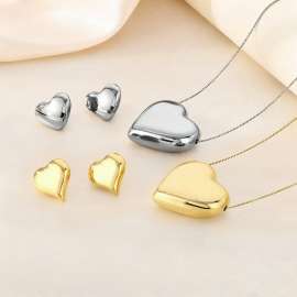 Fashionable Ins style titanium steel large heart hollow pendant necklace earrings two-piece set