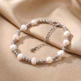 Simple and luxurious stainless steel round bead pearl bracelet