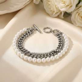 Stainless Steel Crystal Shell Pearl Chain 3 Links Bracelet For Women Trend Jewelry